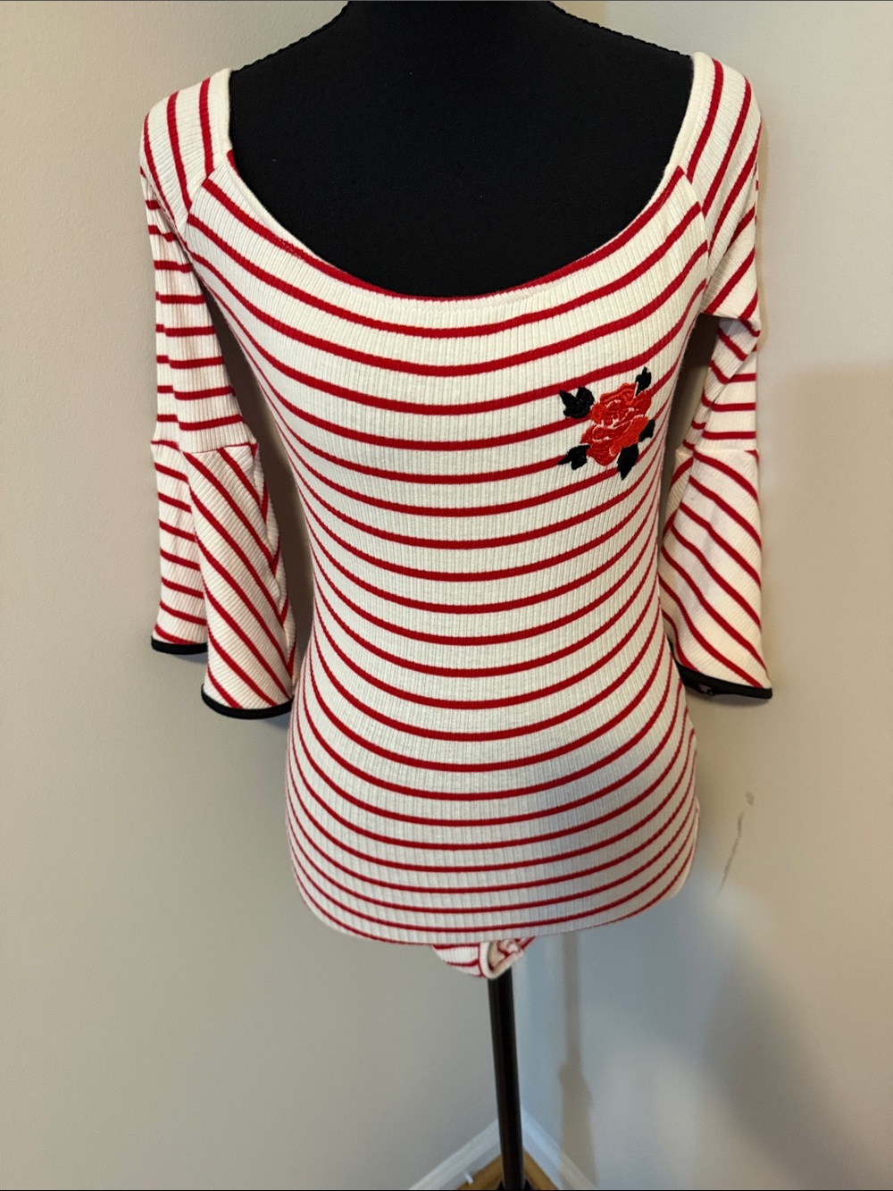 Striped Red & White Ribbed Bodysuit with Rose Embroidery